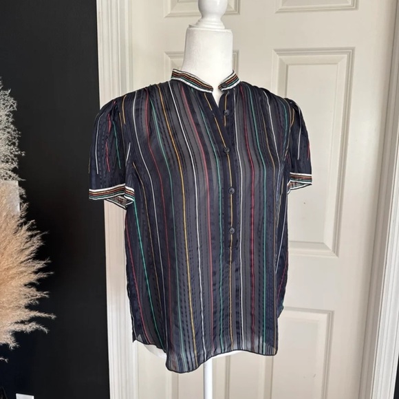 Rag & Bone Top Austin Black/Rainbow Striped 100% Silk Blouse
Size Medium - Picture 3 of 12